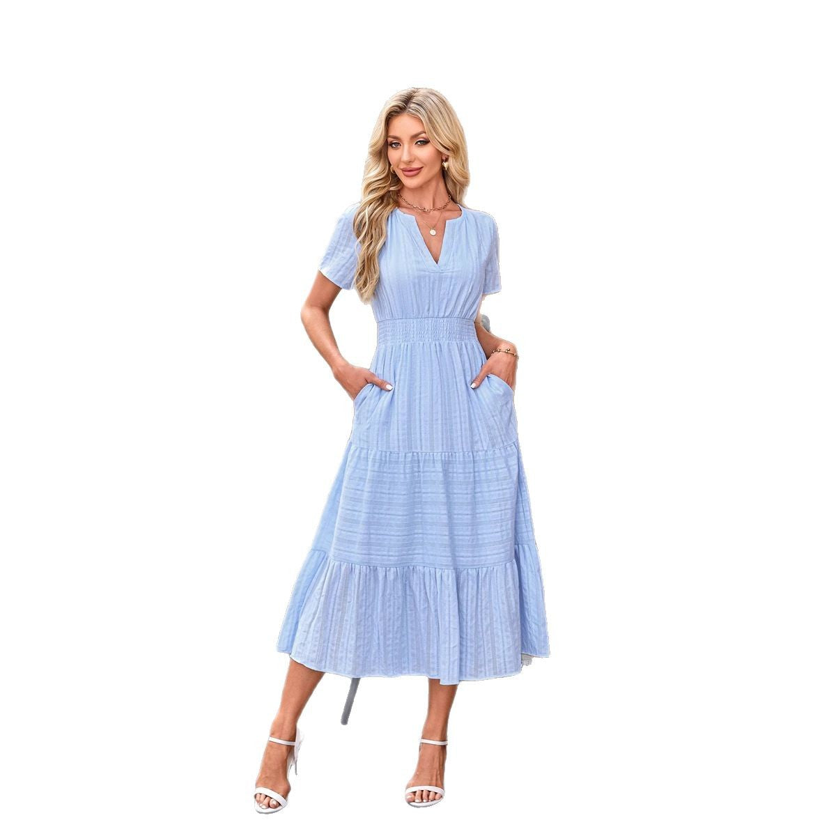 Women's Collar Pleating Puff Sleeve Large Swing Dresses