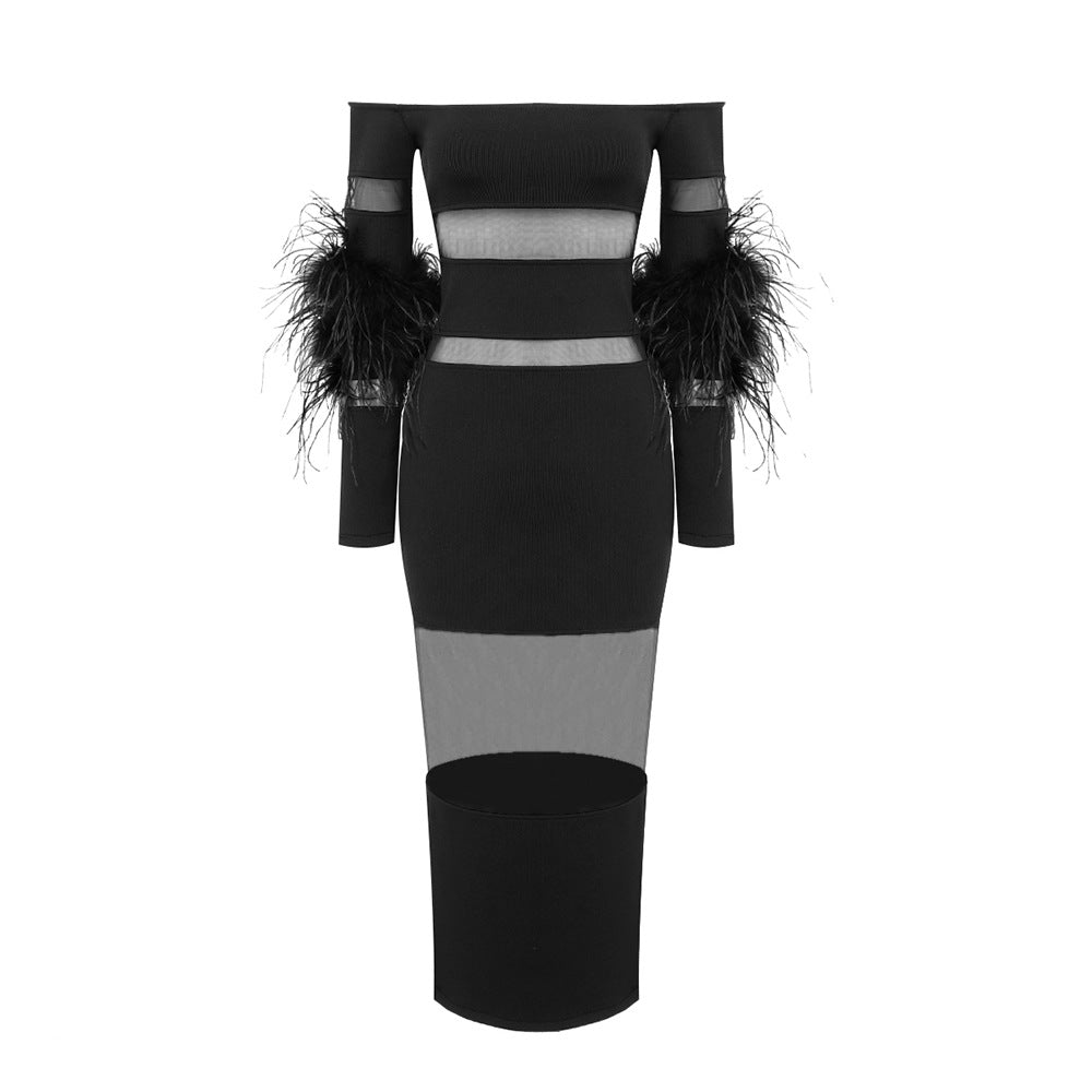 Women's Mesh Feather Sleeve White Dress Long Dresses