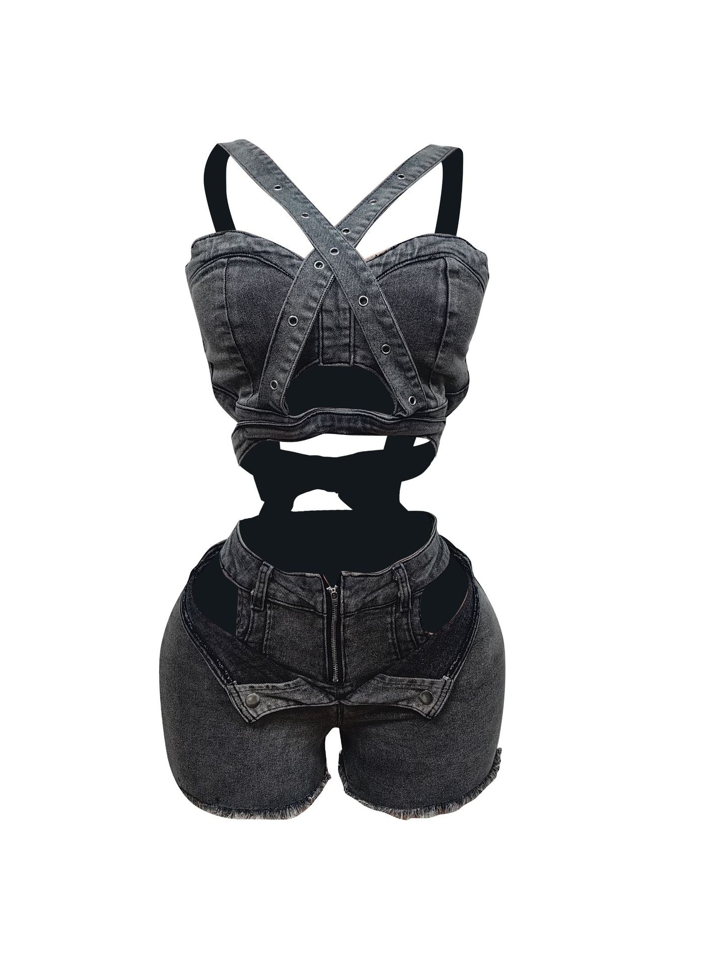 Charming Denim Set Tube Strap Stretch Tops