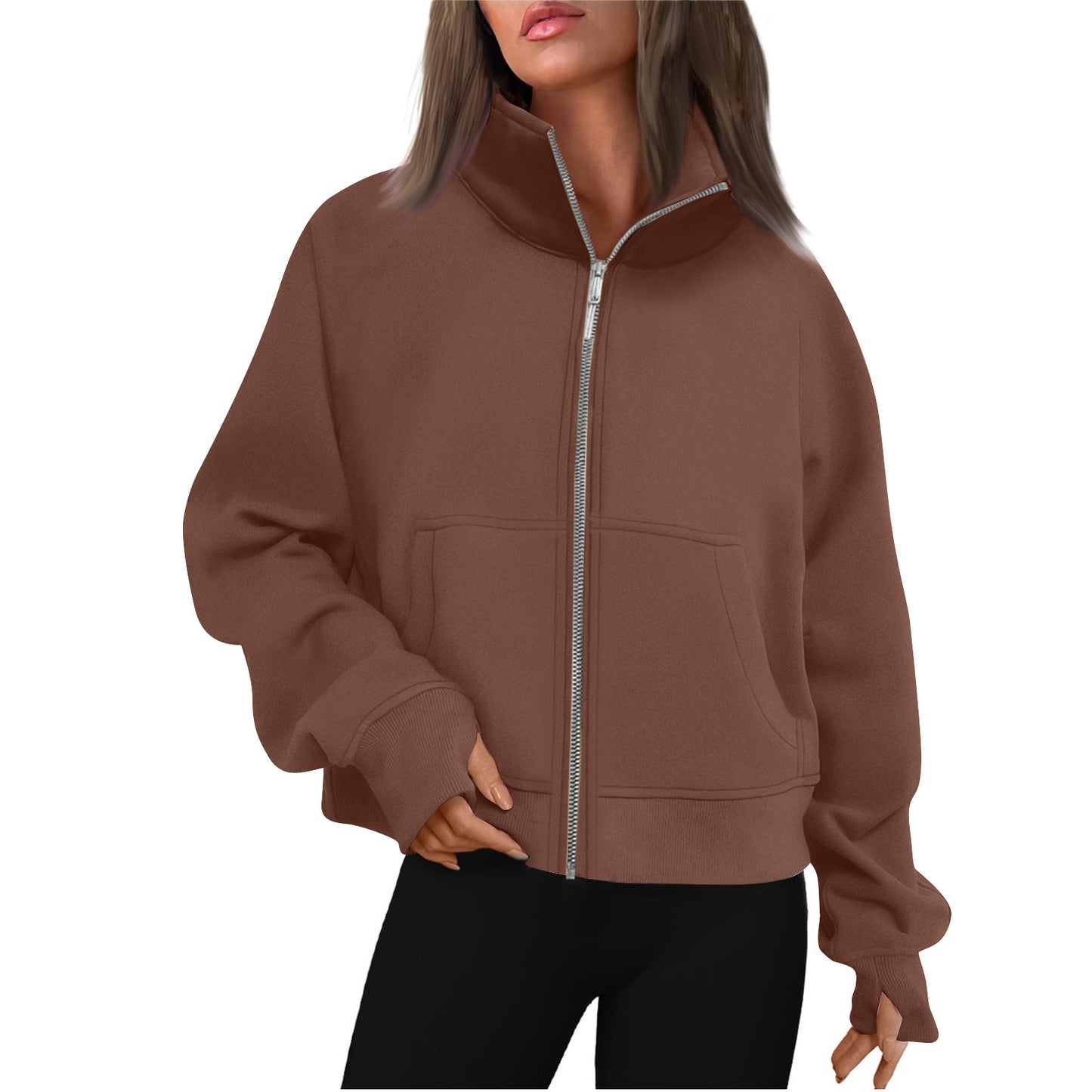 Women's Long Zipper Stand Collar Thumb Hole Brushed Women's Sweater, Sweater