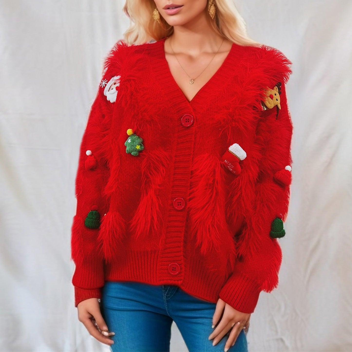 Women's Red Christmas Wool Three-dimensional Decoration Single-breasted Knitwear