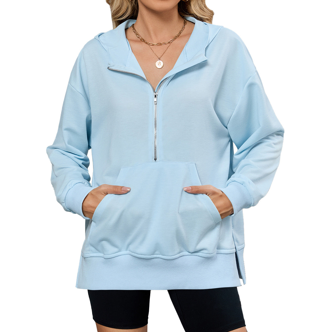 Women's Hooded Loose Long Sleeves Zipper Pocket Women's Sweater, Sweater