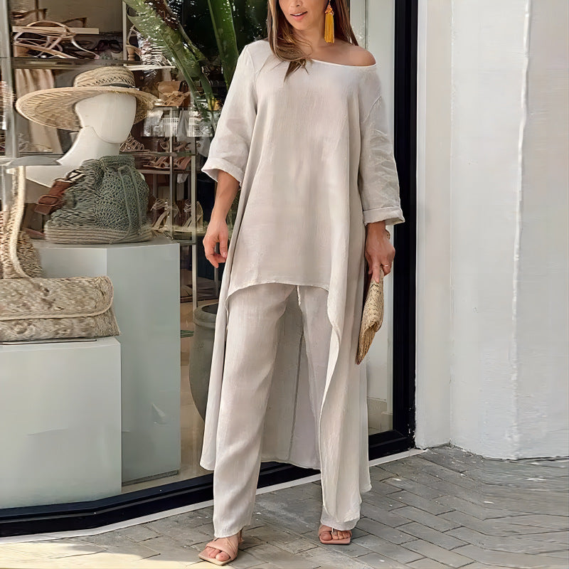 Women's Cotton Linen Irregular Long Sleeve Wide Leg Suits