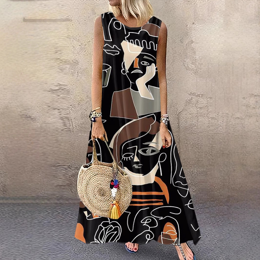 Women's Round Neck Printed Sleeveless Large Long Dress