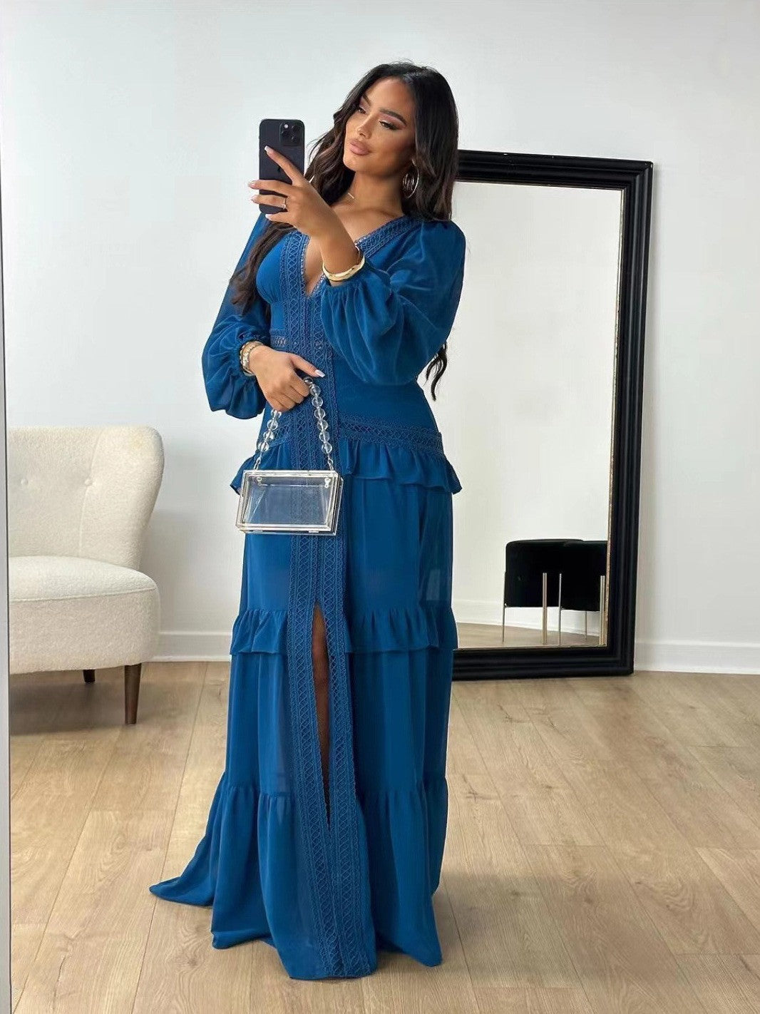 Women's Elegant Stitching Long Sleeve Dress Chiffon Dresses