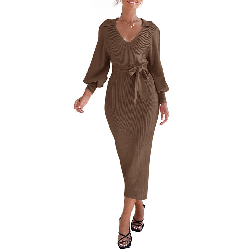 Retro Lightly Mature Lantern Sleeve Solid Dresses
