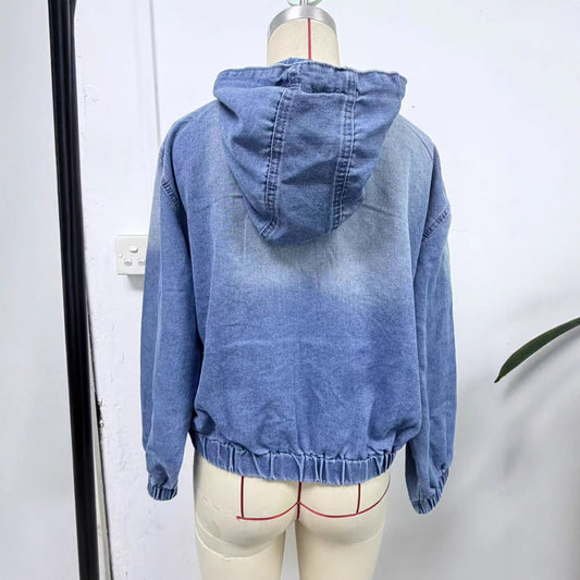 Women's Casual Denim Washed Hooded Bomber Daily Jackets