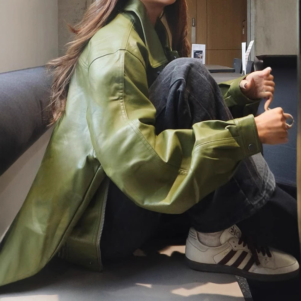 Personality Turn-down Collar Green Leather Temperament Jackets