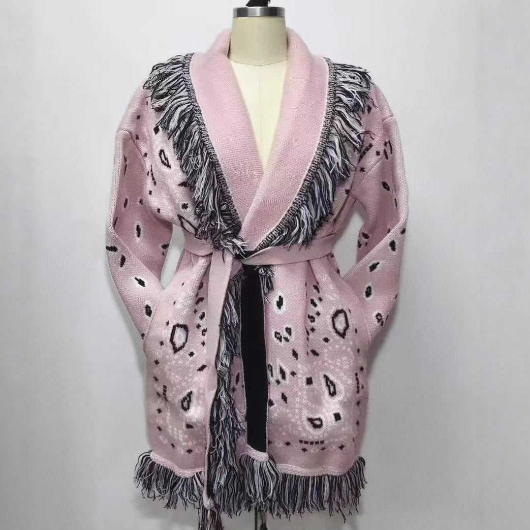 Women's Thick Tassel Jacquard Mid-length Loose Color Matching Sweaters