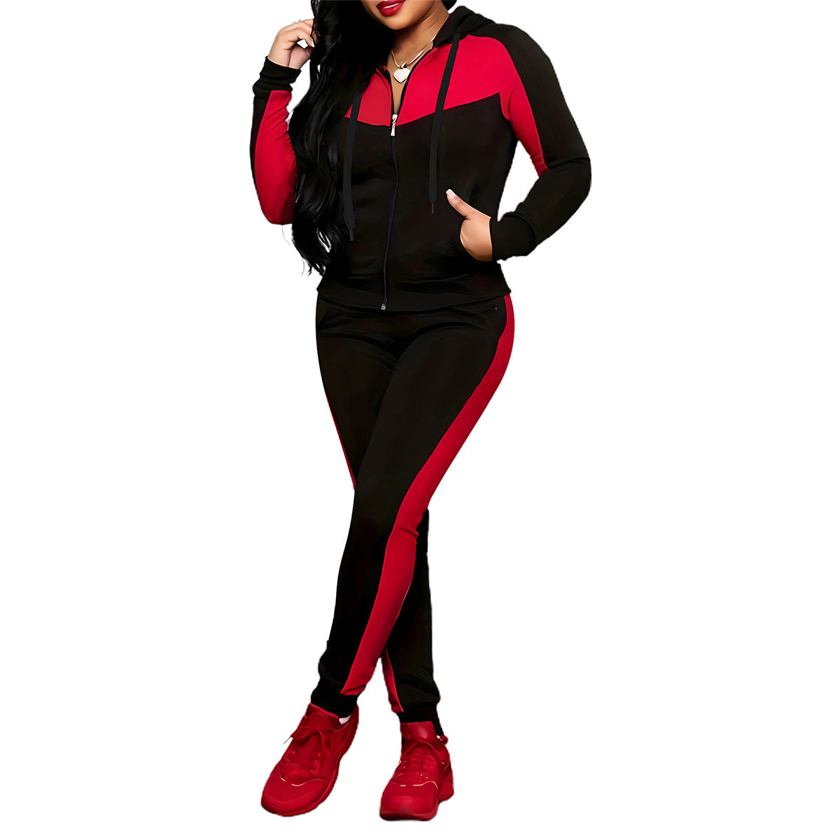 Women's Fashion Color Matching Zipper Hooded Set Suits