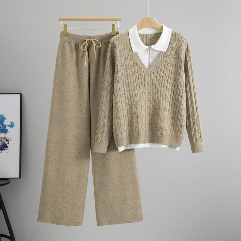 Women's Thickened Collar Fake Two-piece Knitted Matching Wide Fashion Casual Suit