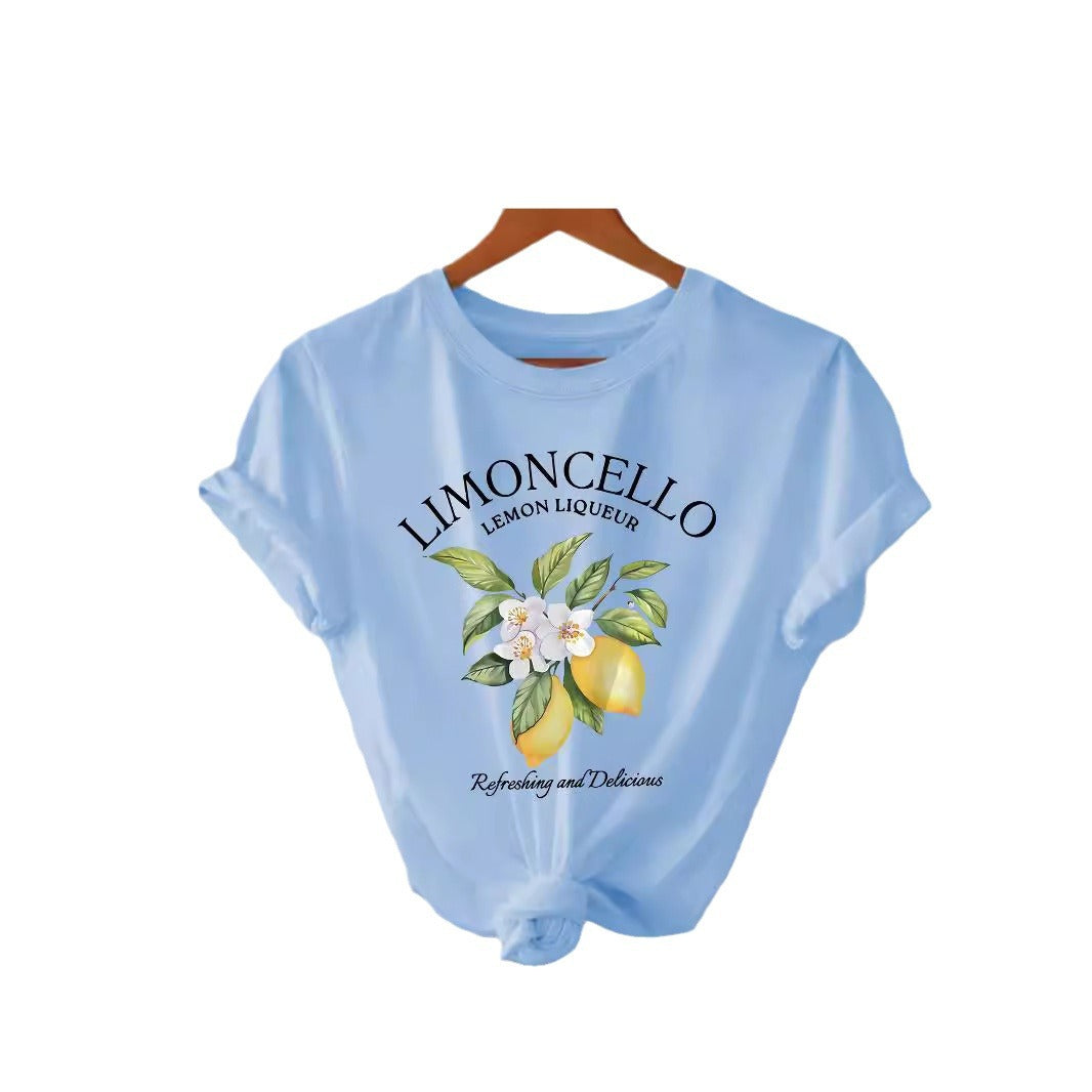 Women's Cotton Summer Sleeve Round Neck American Lemon Pattern Printed Shorts