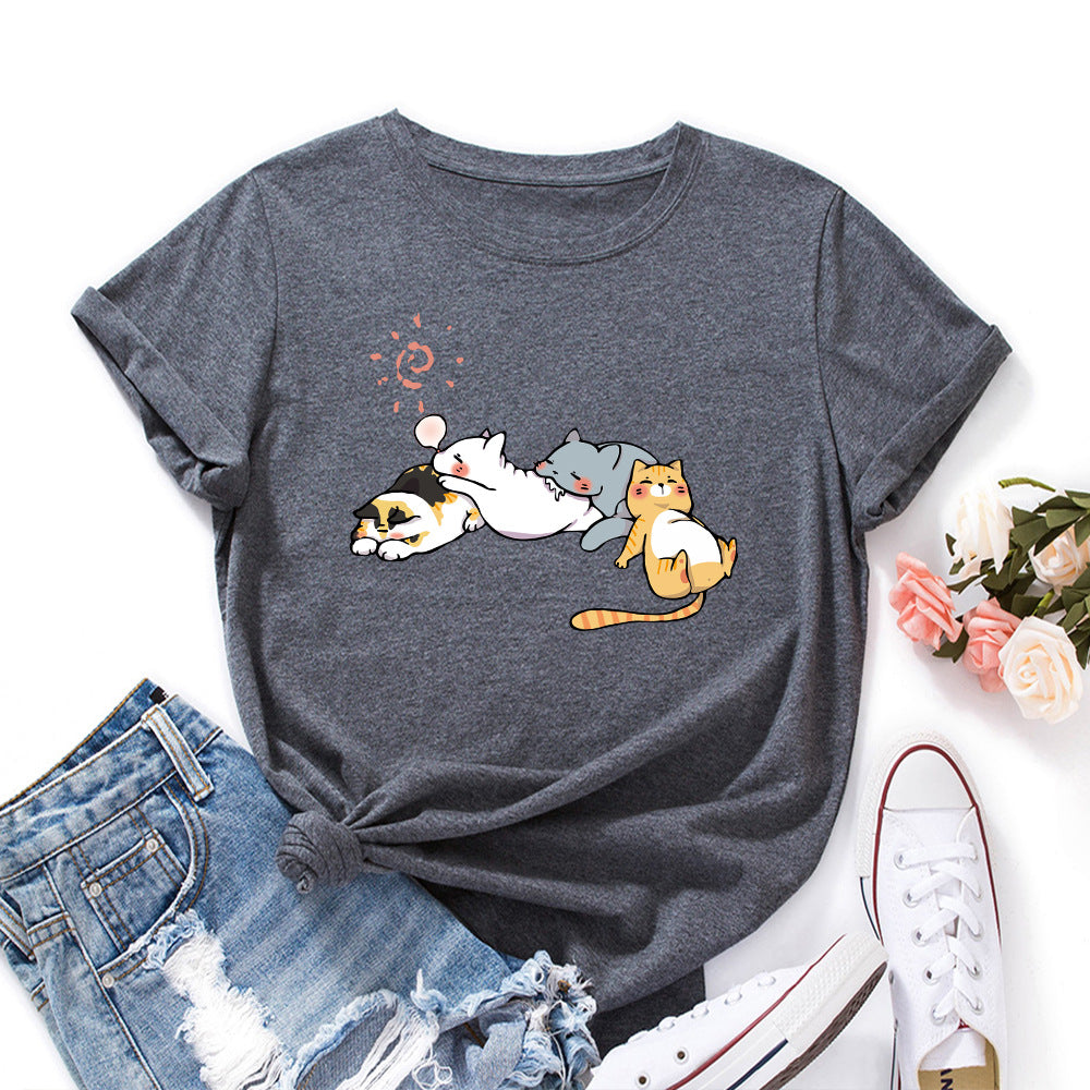 Women's Sleeping Cat Printing Loose Round Neck Sleeve Women's T-shirt