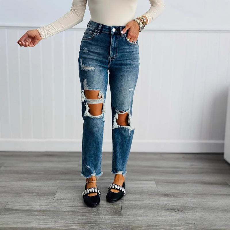 Classy Summer High Waist Washed Ripped Women's Jeans