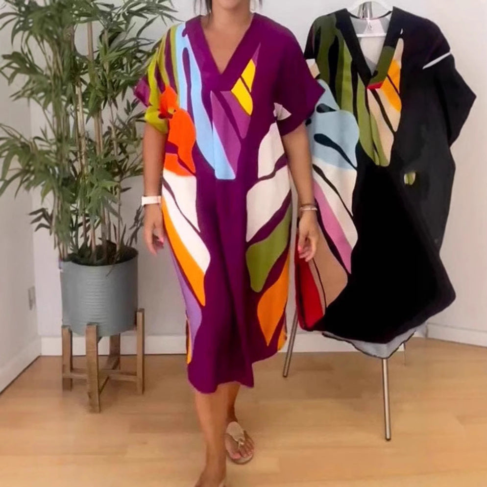 Glamorous Unique Colored Leaves Printed Casual Dress