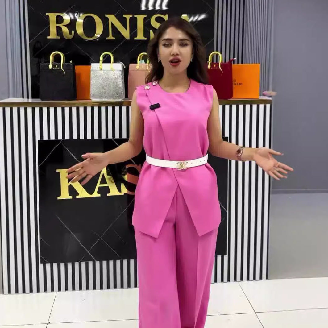 Women's Solid Color Round Neck Sleeveless High Waist Wide Leg Suits