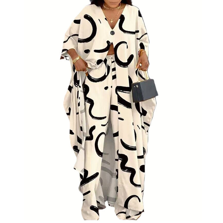 Women's Two-piece Buttons Printed Sleeves Drawstring Trousers Suits