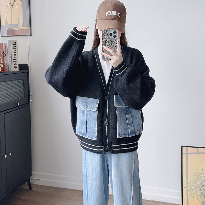 Women's Denim Patchwork Knitting Idle Style Loose Knitwear