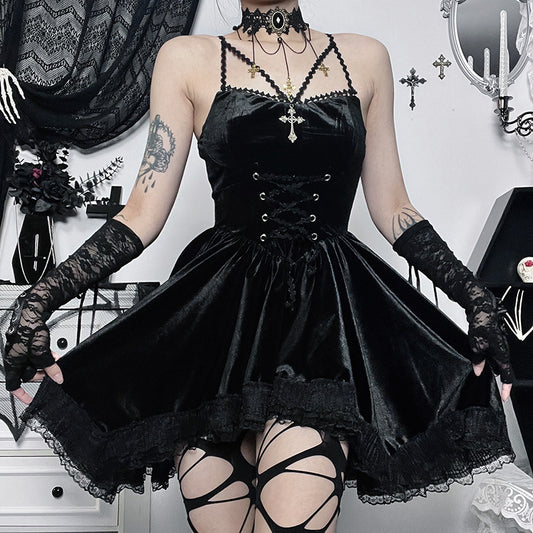 Women's Halloween Dark Suede Dress Sexy Lace Skirts