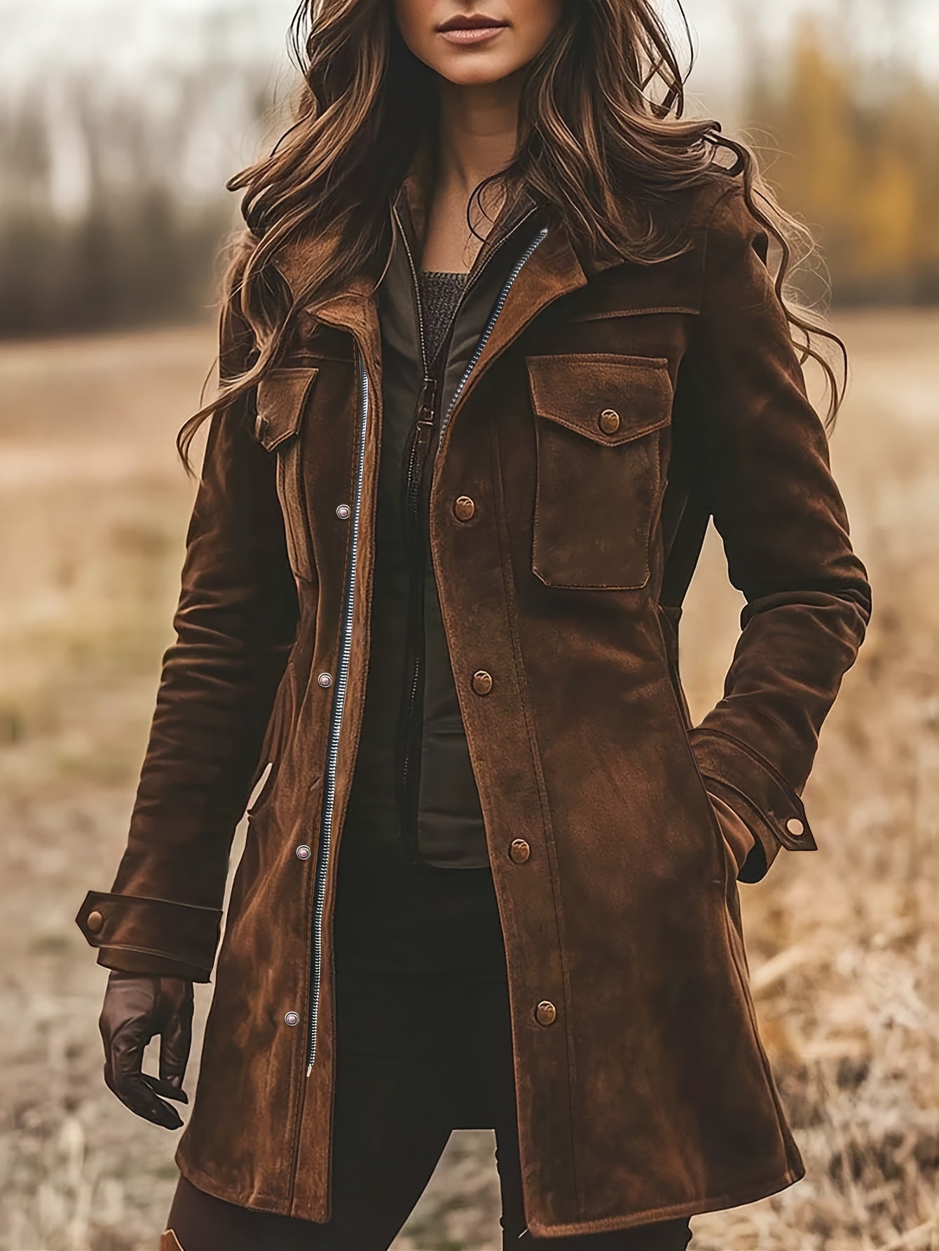 Women's Lapel Brown Deerskin Veet Casual Warm Jackets