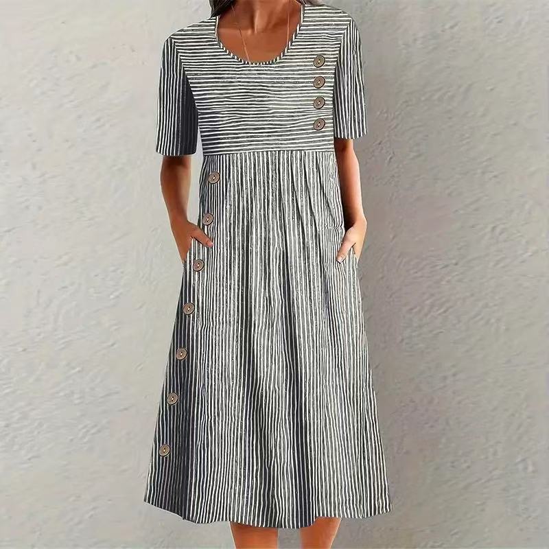 New Women's Printed Pocket Button Long Dress