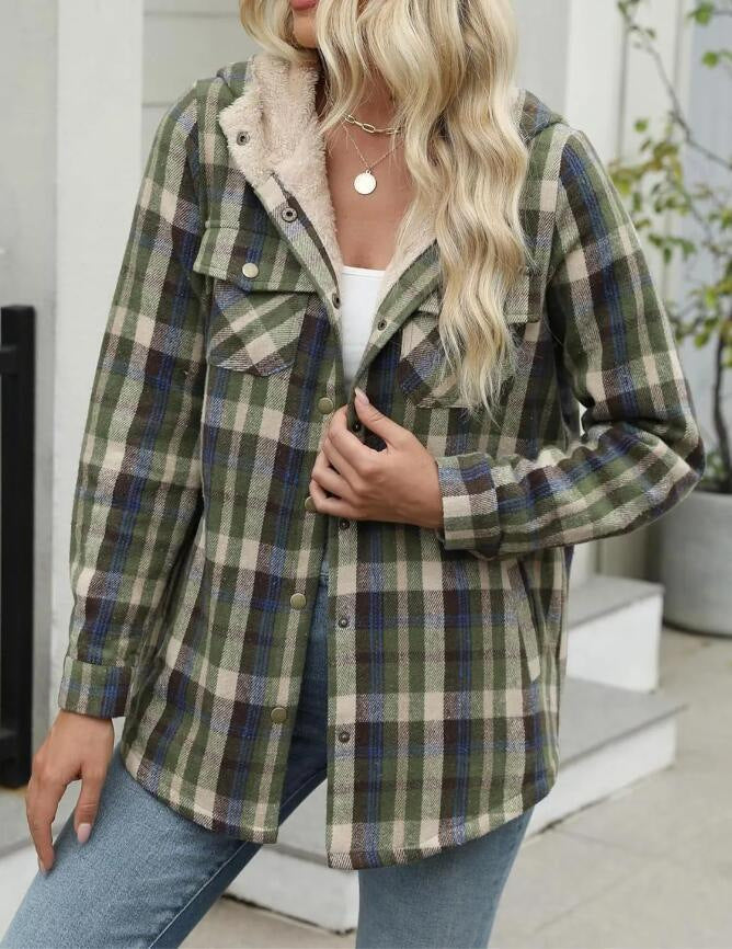 Women's Plaid Long Sleeve Furry Hooded With Coats