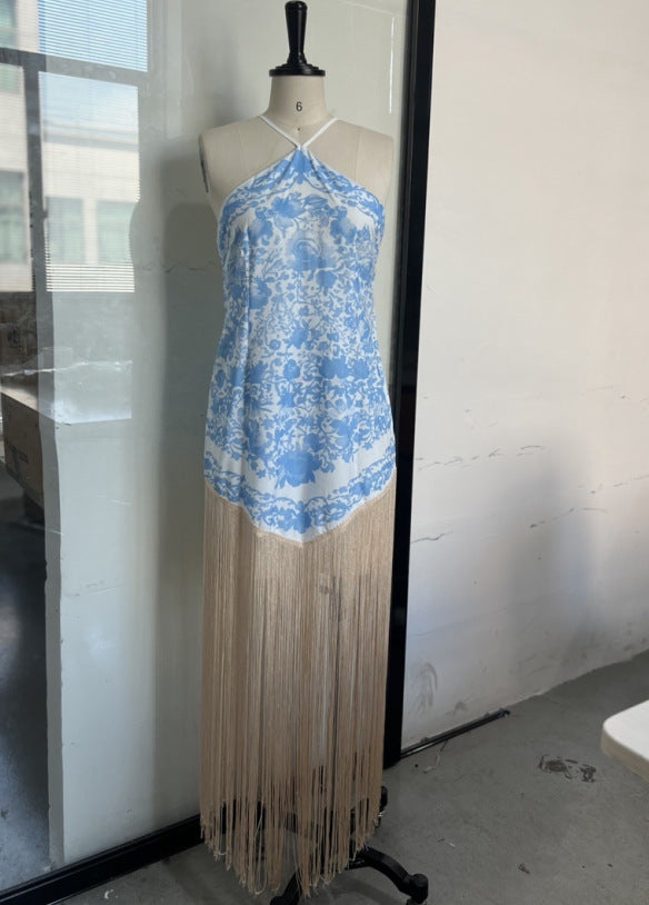 Women's Summer Classical Sleeveless Printed Tassel Dress Dresses