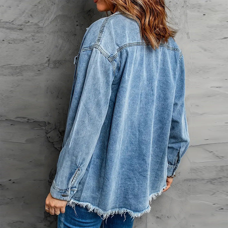Women's Dark Blue Denim Shirt Long Sleeve Loose Tops