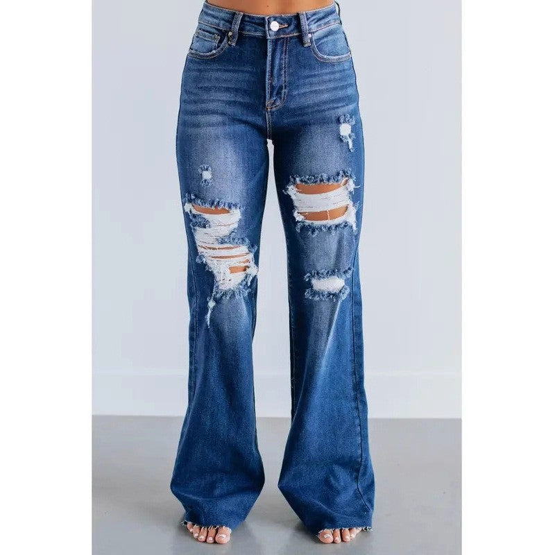 Women's Waist Casual Slimming Holes Wide Leg Women's Jeans
