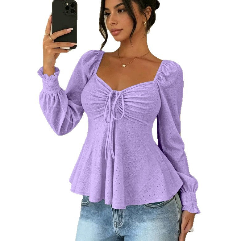 Women's Drawstring Smocking Sexy Sleeve Solid Color Women's T-shirt