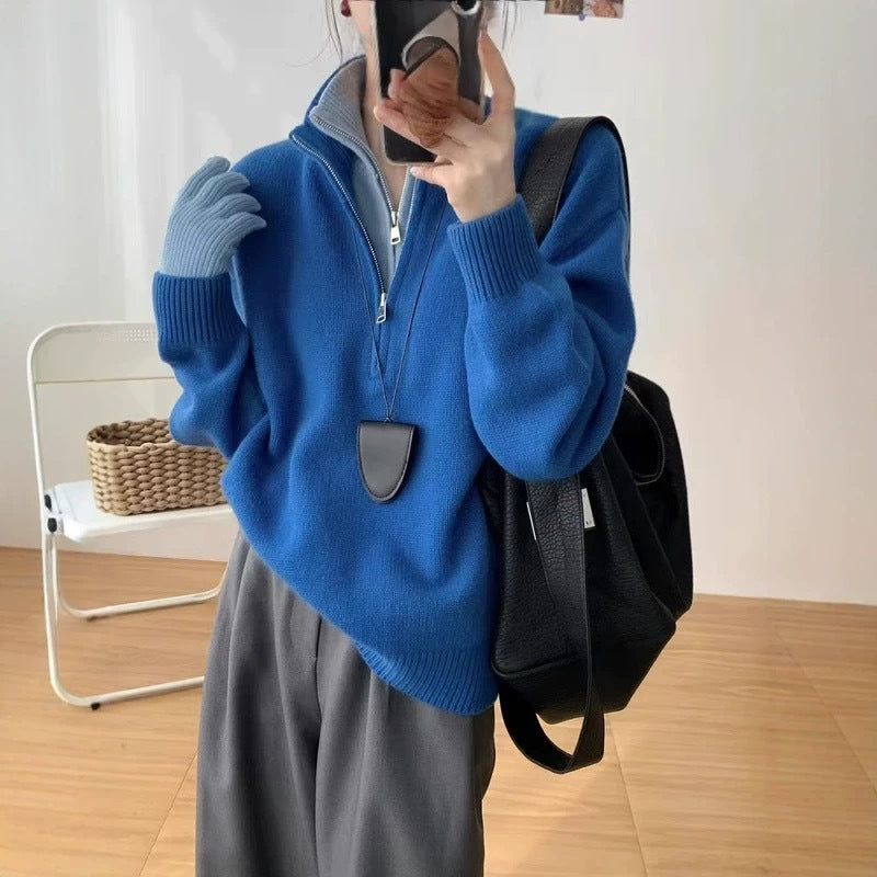 Women's Two-piece Half Zipped Stand Collar Design Sweaters