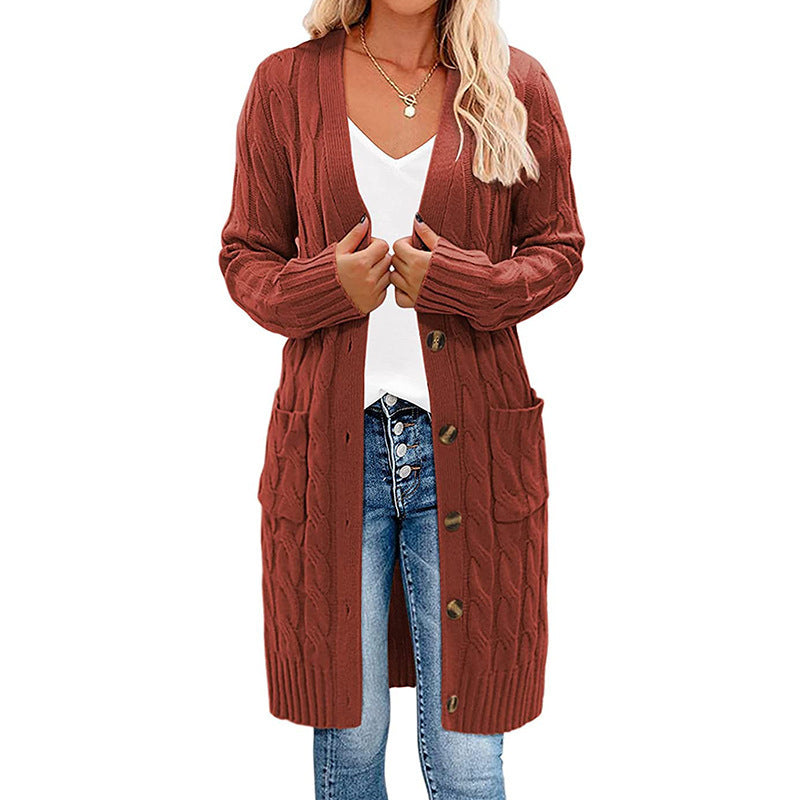 Single-breasted Twist Pocket Simple Knitting Long Sweaters