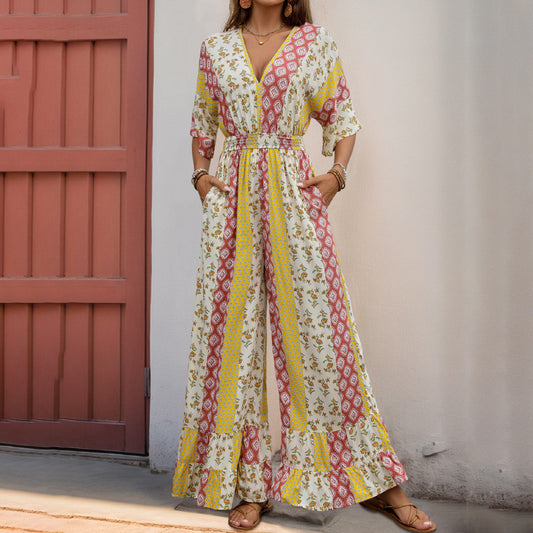 Women's Style Printed Retro Waist Trimming High Jumpsuits