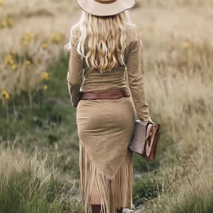 Women's Retro Western Lapel Front Zip Tassel Long Dress