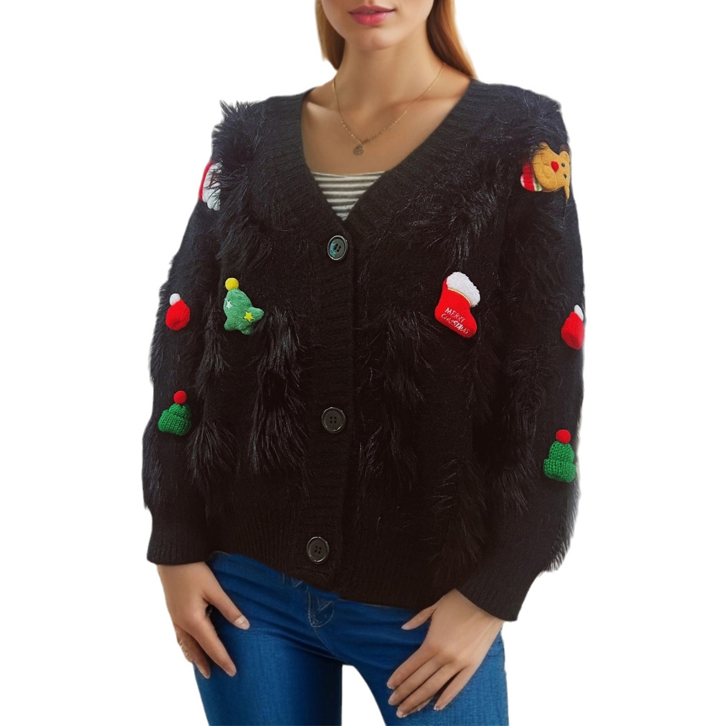 Women's Red Christmas Wool Three-dimensional Decoration Single-breasted Knitwear