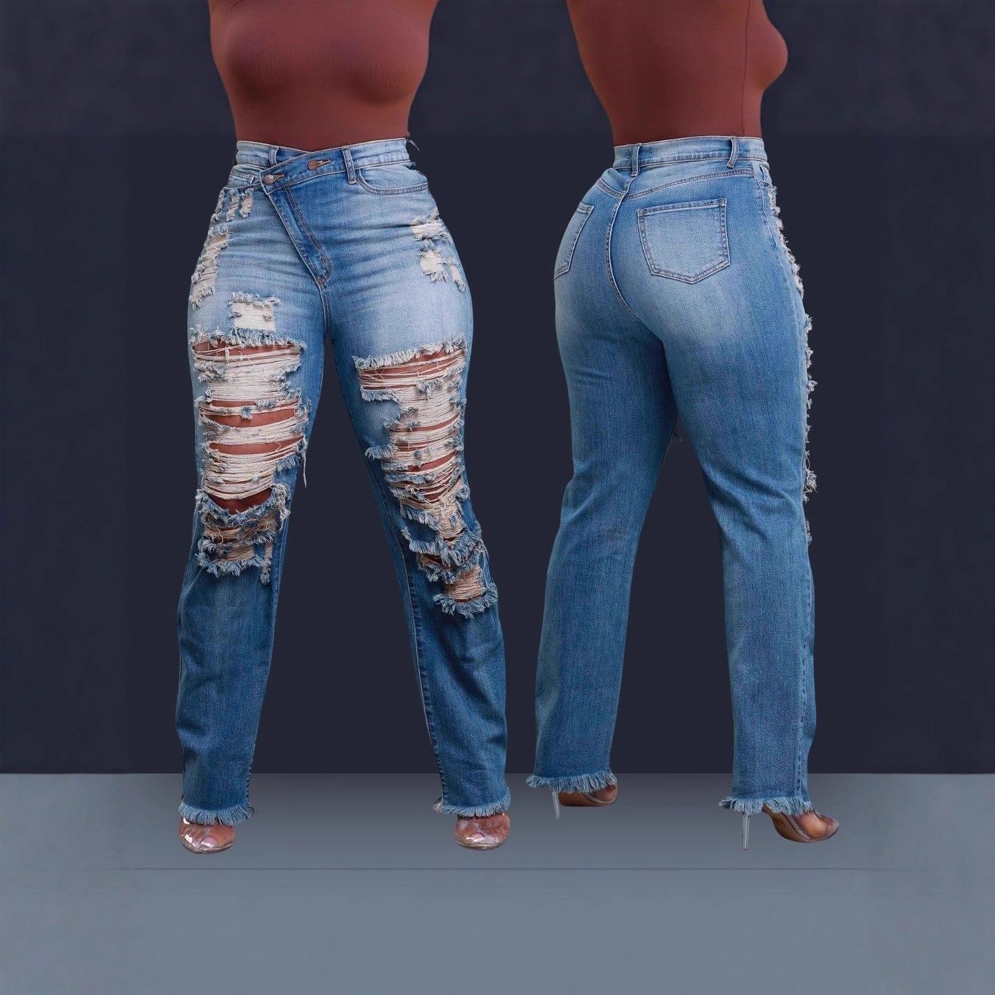 Women's Straight Personality Waist Elastic Cut Tasseled Women's Jeans