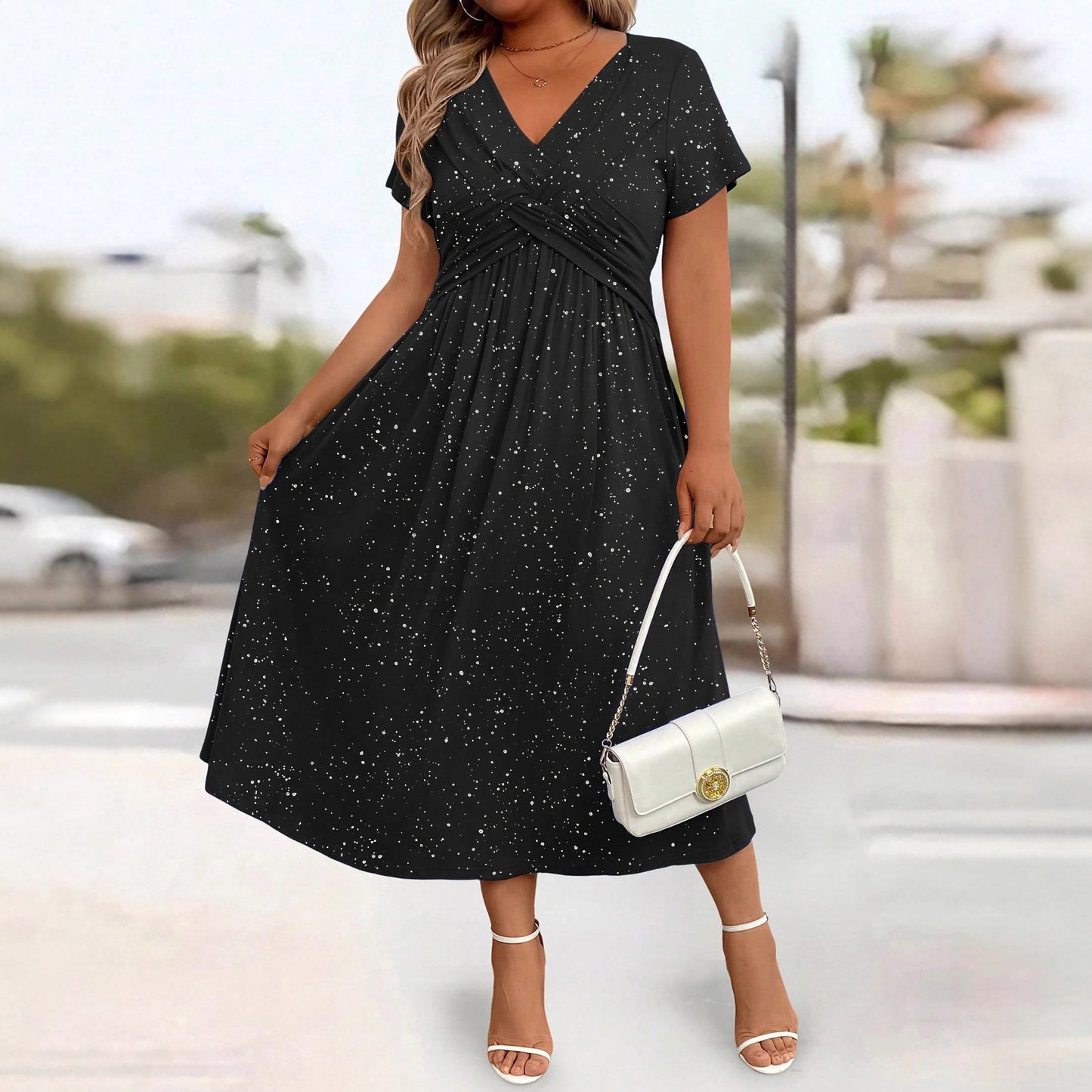 Women's Waist Tight Shiny Crystal Dusting Powder Twisted Dress