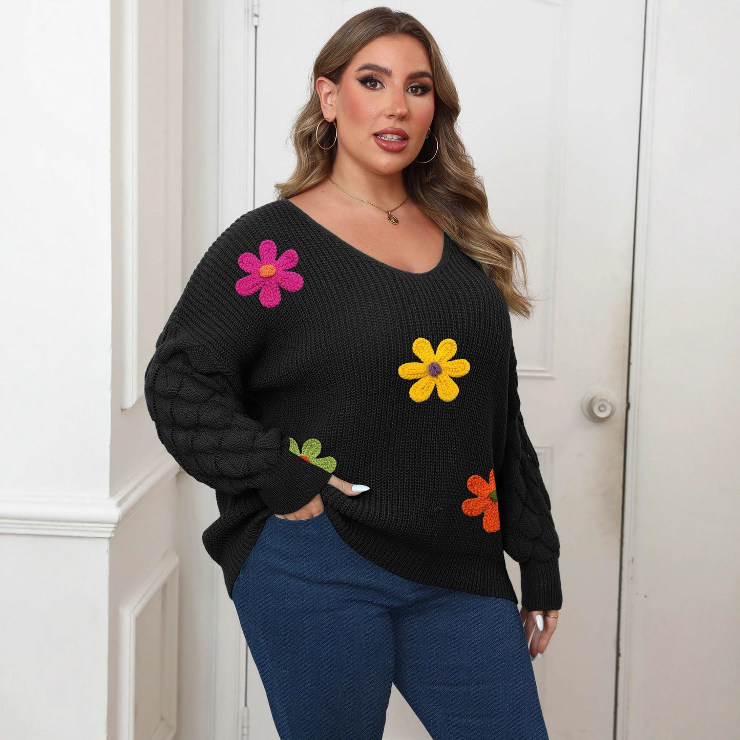 Women's Stitching Deep V Bottoming Shirt Three-dimensional Wool Embroidered Sweaters