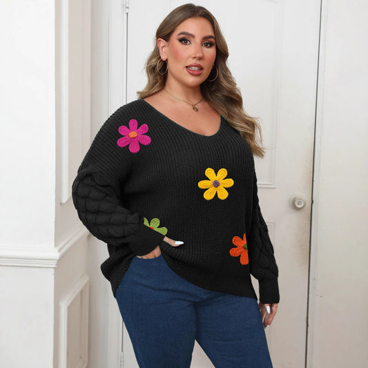 Women's Stitching Deep V Bottoming Shirt Three-dimensional Wool Embroidered Sweaters
