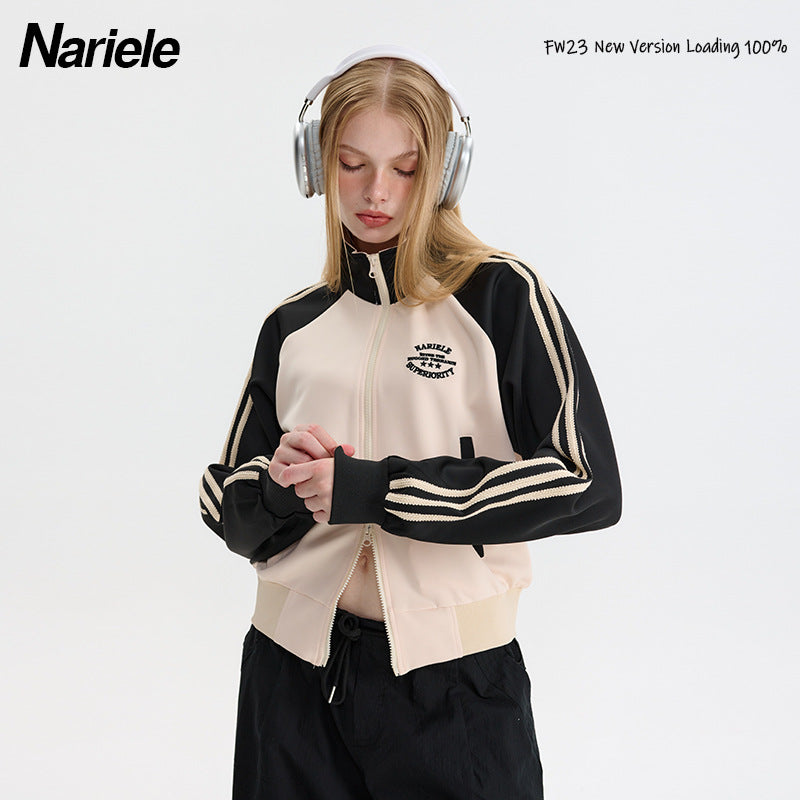 Women's Contrast Color Striped Sleeve Hoodie Stand Sweaters