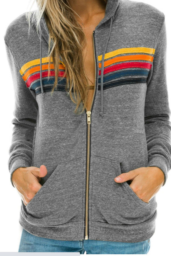 Women's Rainbow Striped Hooded Zipper Sweatshirt Loose Coats