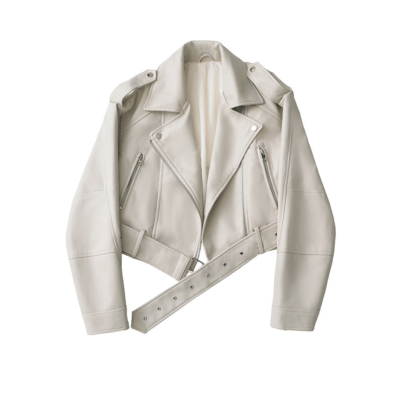 Women's Two-color Leather Distressed Lapel Baggy For Coats