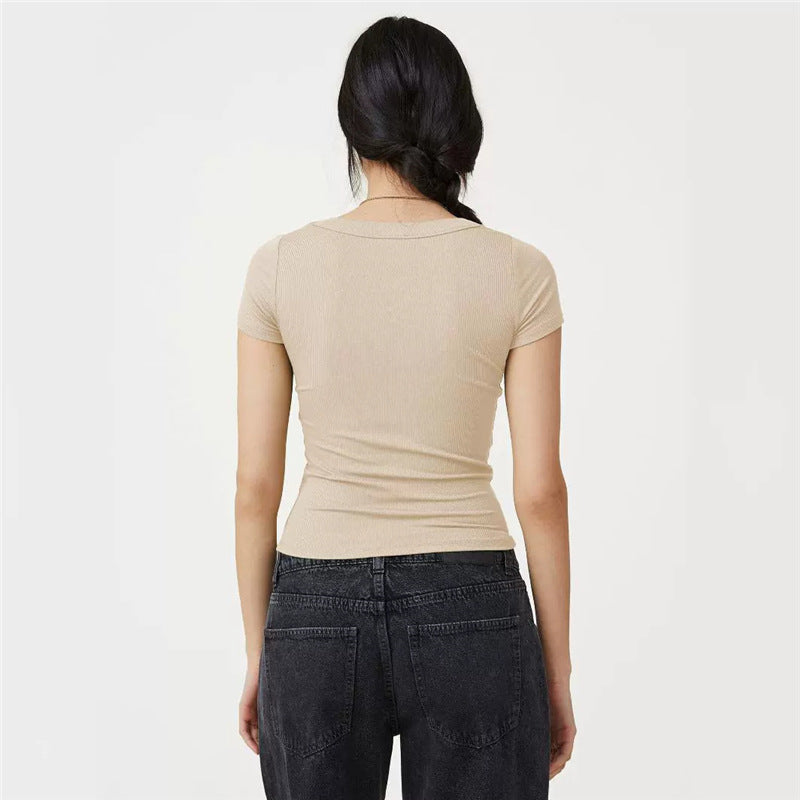 Women's Summer Cropped Slim Fit Square Collar Short-sleeved Thread Vests