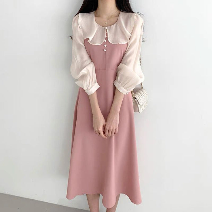Women's Temperament Ruffled Stitching Fake Two-piece Waist Puff Dress