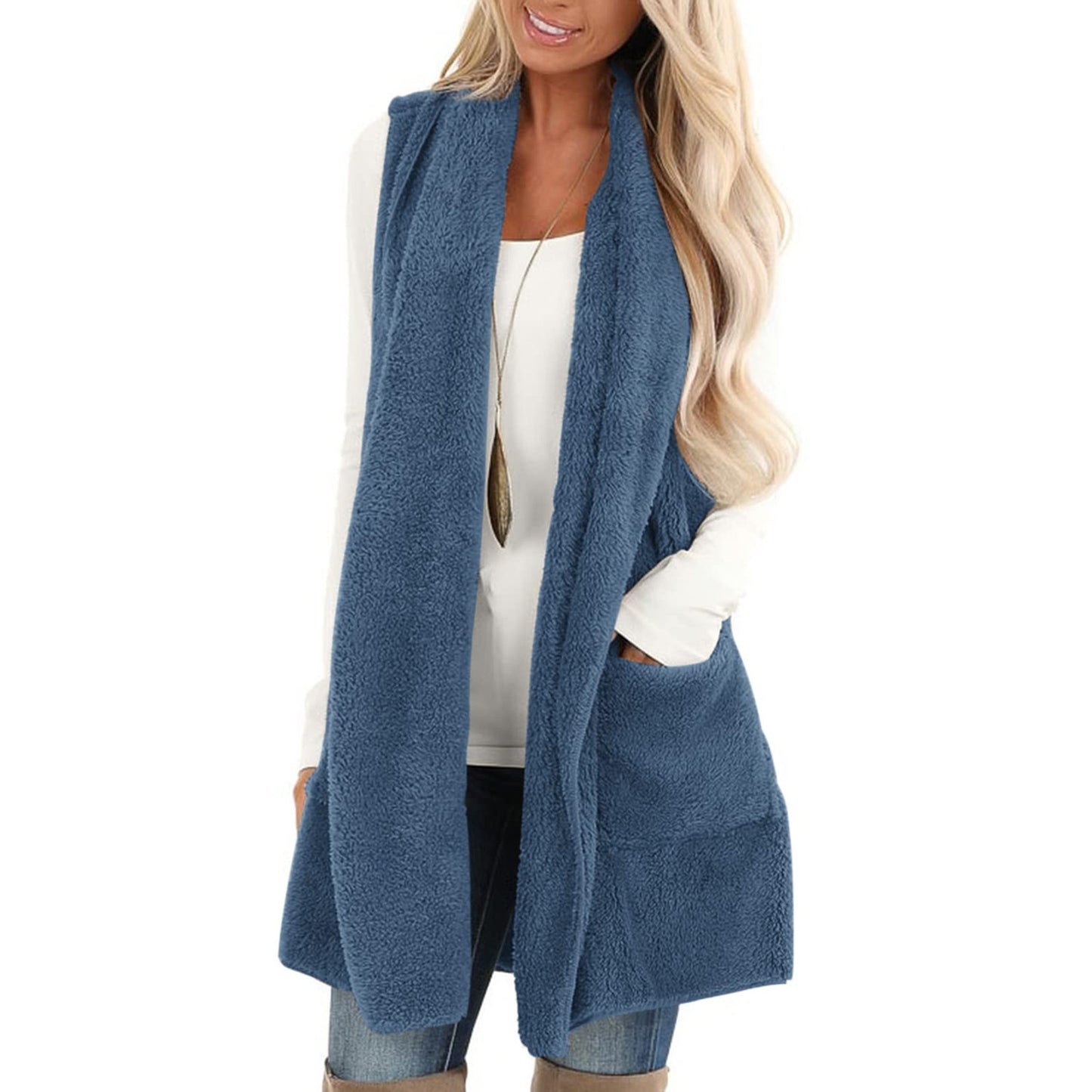 Women's Loose Fashion Solid Color Pocket Sleeveless Plush Large Women's Vest