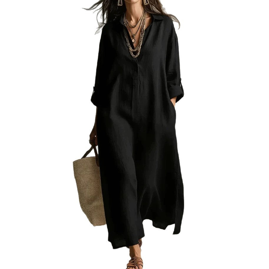 Cotton Linen Dress Solid Color Polo Collar Long Sleeve Fashion Casual Suit