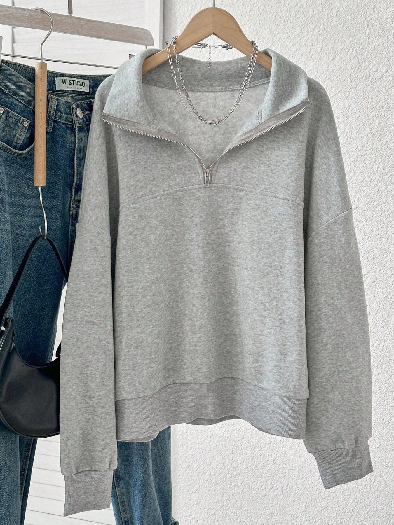 Solid Color Fleece Lapel Half Zipper Fashion Women's Sweater, Sweater