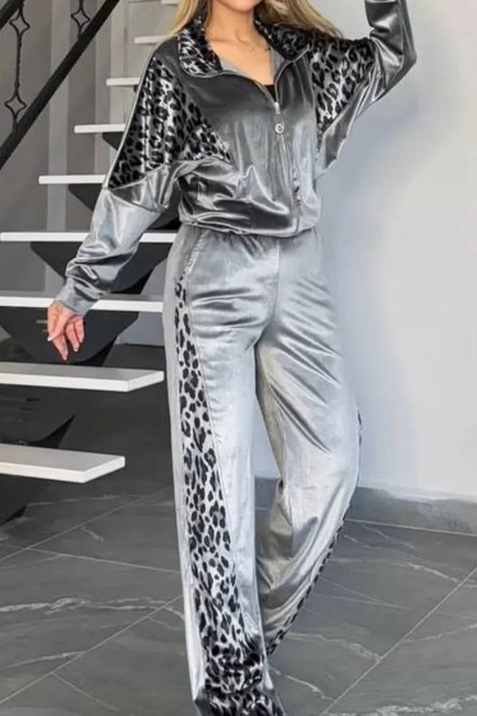 Leopard Print Contrast Color Trousers Long Suits