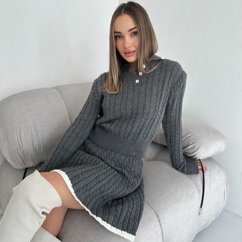 Women's Long Sleeve Knitted Button Dress Two-piece Fashion Casual Suit