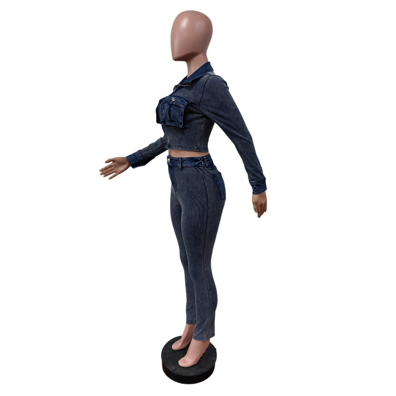 Denim Stitching Wash Sunken Stripe Stretch Suits